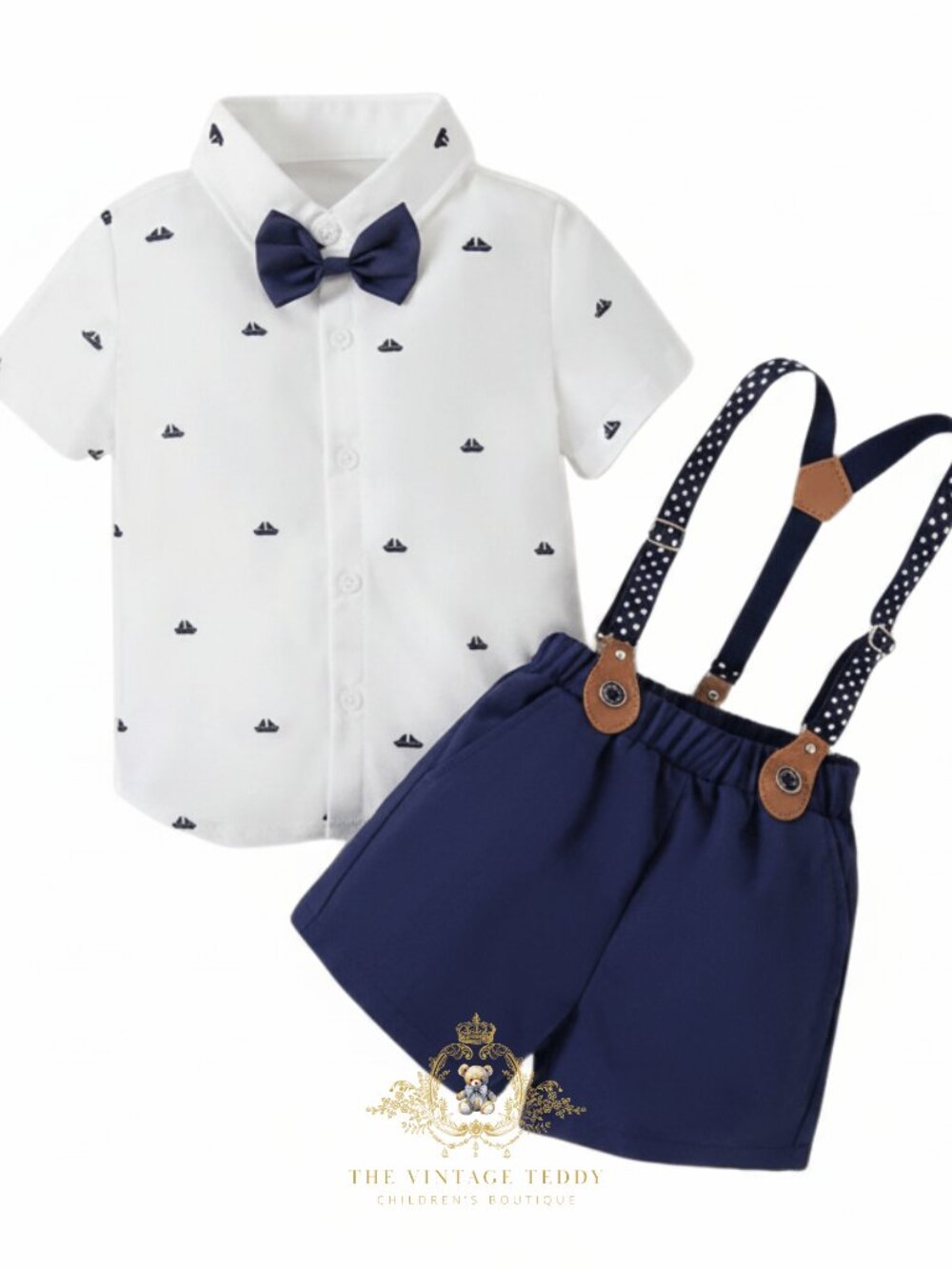 NWT Handsome Boys Oxford Button Down Shirt Shorts Bow Tie Kids Matching Set 7-8Y - Picture 2 of 3
